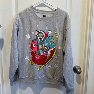Tom and Jerry Men's Grey Sweatshirt with Holiday Sled Print Large